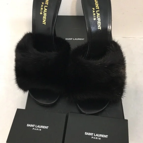 Saint Laurent Paris Roy Mink & Leather Mules Heels Size 38. Made in Italy - Picture 1 of 15